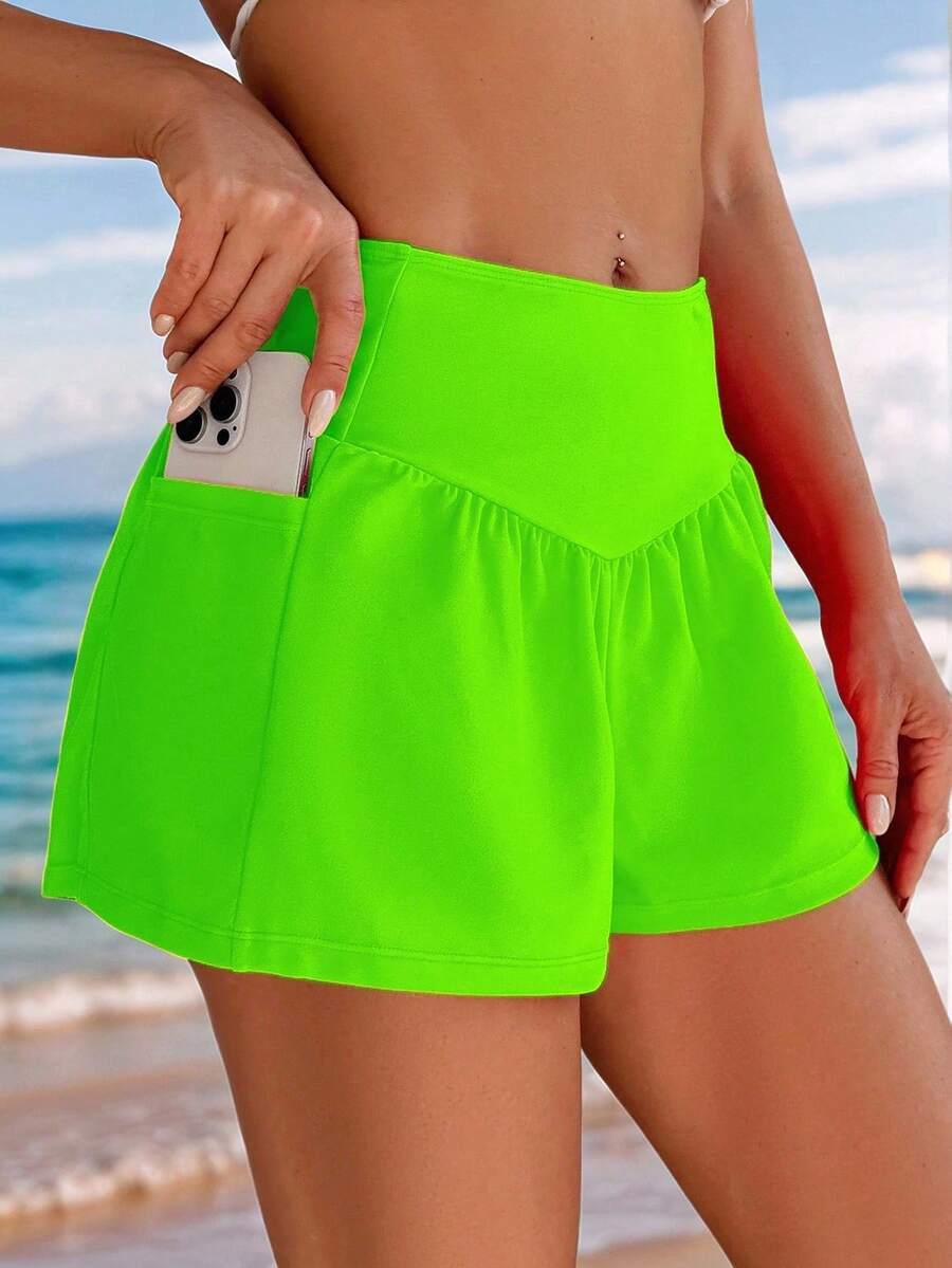 Swim Lushoire Women's Neon Green Pocket Casual Beach Shorts - Green - View 1