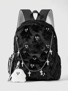 ROMWE Ba lô đa năng dung tích lớn họa tiết ma quỷ phong cách Y2K Punk Gothic, mặt dây chuyền hình thánh giá, thời trang unisex, phù hợp cho người yêu thích văn hóa đường phố, đi học, du lịch, v.v. - màu đen - Xem 1