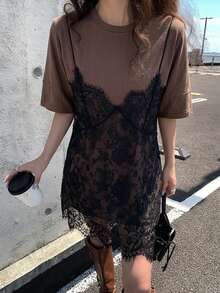 MSDAZY Vestido de verano de 2 en 1 con mangas cortas y parches de encaje para mujerMS2-15 OAVI - Cafetería - Ver 5