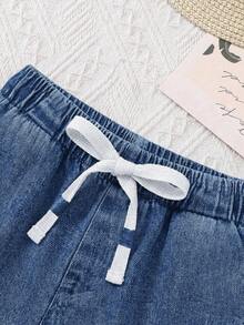 SHEIN 2pcs Baby Boy Knit Denim Loose Top And Shorts Set, Blue - Medium Wash - View 6