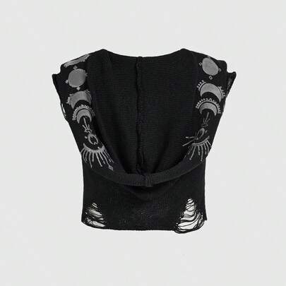 Poncho con cappuccio in maglia oversize da donna con ricamo di stelle e lune, stile hippie scuro