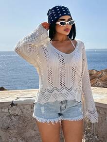 EURMUSE Women's White Hollow Out Crochet Knit Sweater, Loose Fit Off Shoulder Beach Beach Vacation Cover Up, Lightweight Lo Summer Boho - Beige - View 5
