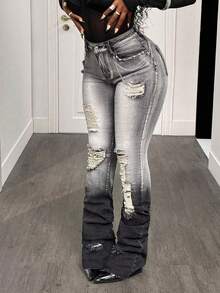 Jeanoix Quần jeans nữ dáng rộng màu xám nhạt, phối màu gradient, đính đinh tán và dây xích kim loại, phù hợp cho mọi mùa. - Màu Xám nhạt - Xem 1