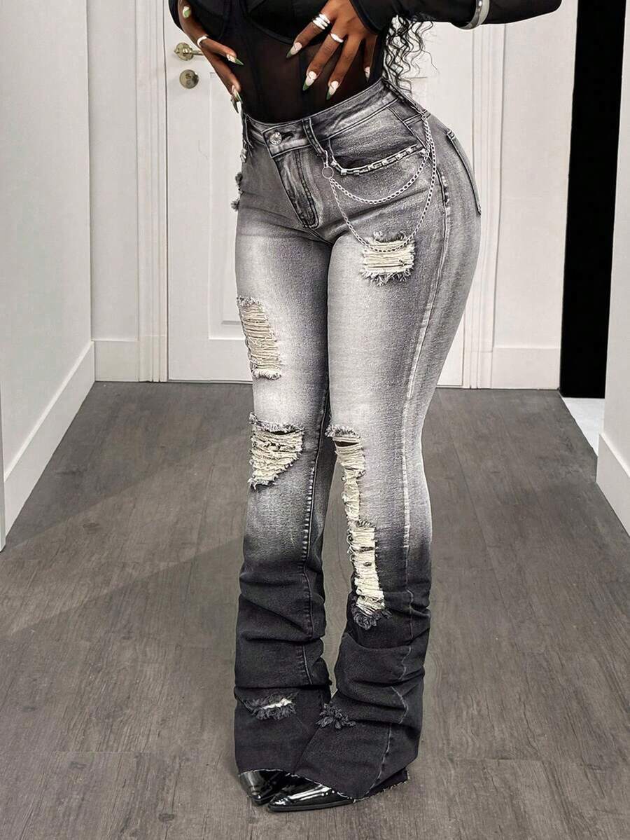 Jeanoix Quần jeans nữ dáng rộng màu xám nhạt, phối màu gradient, đính đinh tán và dây xích kim loại, phù hợp cho mọi mùa. - Màu Xám nhạt - Xem 1
