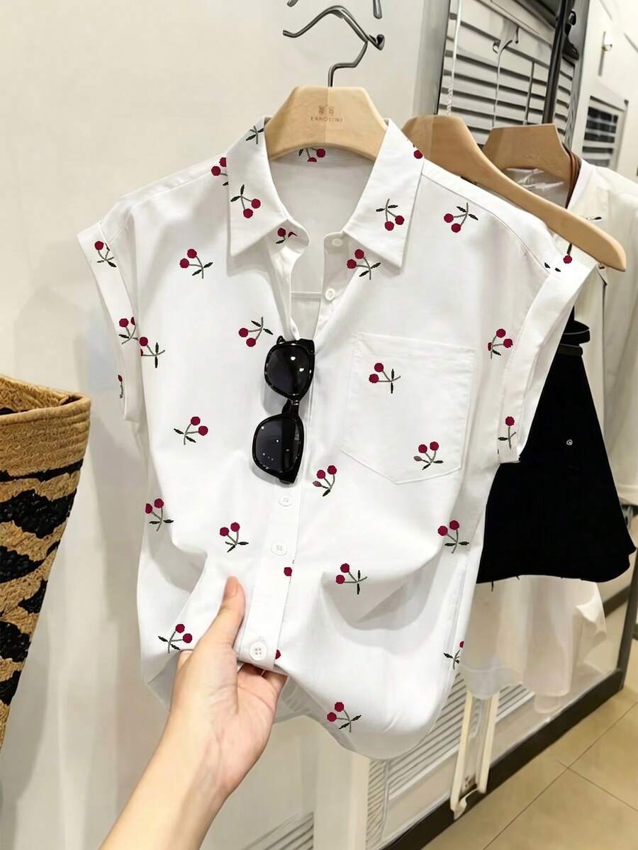 SHEIN Franclia 女士蓝色蝙蝠袖口袋休闲通勤衬衫,春夏款 - 白色 - 查看 1