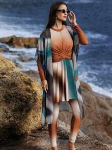 Swim Mulvari Bộ 3 món đồ đi biển mùa hè thanh lịch, trang phục nhuộm tie-dye, váy thắt eo cho nữ, đồ đi biển trang nhã, burkini duyên dáng và lịch sự. - màu nâu - Xem 4