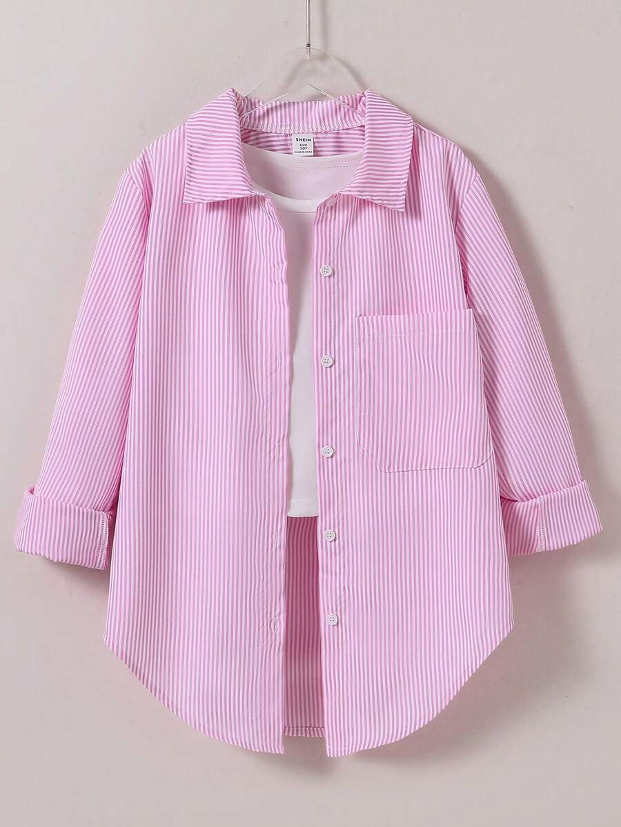 SHEIN Tween Girl Striped Lightweight Sun Protection Shirt, Spring & Summer,Holiday,Summer,Travel - Pink - View 1