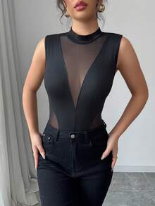 SHEIN Raffinéa 女款黑色網格拼接無袖連身衣，圓領修身夏季連身衣，性感時尚派對夜生活，Y2K休閒海灘百搭 - 黑色 - 查看 6