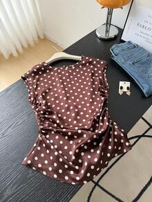 SHEIN Frenchy Áo sơ mi tay ngắn in chấm bi, kiểu dáng thanh lịch, thoải mái, phù hợp cho công sở. - màu nâu - Xem 5