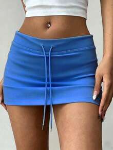 INAWLY Solva Women's Solid Color Drawstring Waist Casual Versatile Date Night & Outing Mini Skirt - Royal Blue - View 4