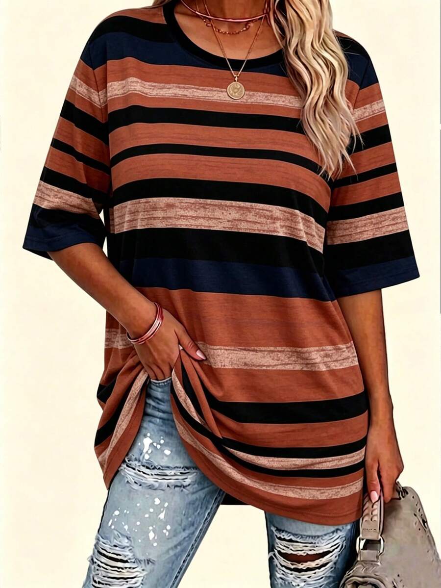 SHEIN LUNE Áo thun ngắn tay kẻ sọc thời trang dành cho nữ, thích hợp cho đi làm, đi nghỉ mát và mặc hàng ngày. Đây là kiểu áo mùa xuân hè, món quà lý tưởng dành cho chị em gái và mẹ, một lựa chọn áo mặc ngoài giản dị và thời trang. - Nhiều màu - Xem 1