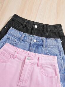SHEIN Bộ đồ thể thao mùa hè phong cách boho cho bé gái, gồm 3 món màu đen, xanh dương, trắng, quần short denim rộng thùng thình rách có túi xéo, thích hợp cho kỳ nghỉ hè, hòa nhạc, tiệc tùng. - Nhiều màu - Xem 5