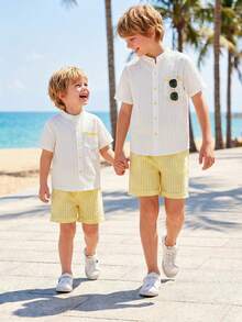 SHEIN Vintaside Kids 男童通勤休闲条纹立领衬衫和条纹短裤两件套，舒适时尚 - 黃色 - 查看 4