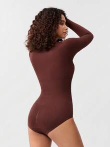 Loungeista 1pc Women's Seamless Crew Neck Long Sleeve Shapewear, Full Coverage Comfortable Bodysuitfor Summer - Brown - View 9