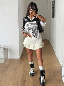 Coolane 女士夏季街头风外出休闲运动印花透气网眼宽松针织T恤 - 灰色 - 查看 5