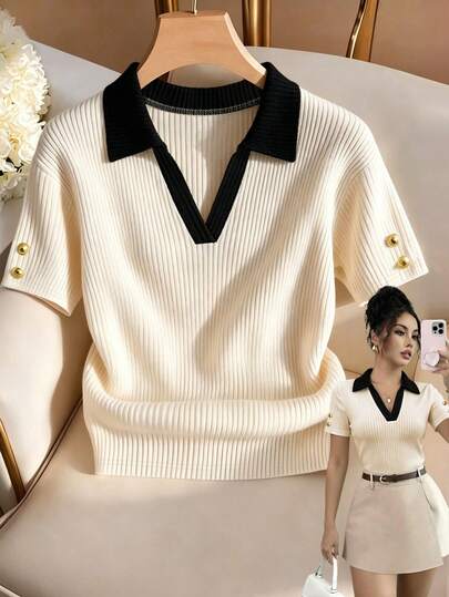 Resyla Minimalist Fashion Contrast Color Collar Button Decor Fitted Commuting Versatile Elegant Daily Casual T-Shirt For Women