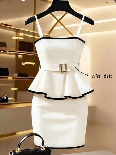 Franclia Women's Elegant Black And White Color-Blocked Halter Top, A-Line Silhouette, Metal Buckle Belt, Fitted Waist, And Hip-Hugging Short Skirt Two-Piece Set. Suitable For Women's Summer Wear, Carnival Attire, Weddings And Events, Outings, Summer Holidays, Casual Dresses, Women's Casual Wear, Women's Luxury Two-Piece Sets, White Tops, Elegant Women's Outfits, Women's Holiday Outfits, Saint João Day, Elegant Suits, Y2K Style, Country Music Concert Outfits, Women's Commuting Outfits, Women's Office Outfits, Social/Workplace Suits, Formal Suits, Mother's Day Outfits, Graduation Suits, Women's Office Wear, Black And White Color Blocking, Metal Accessories, Belt, White Skirt, Versatile Commuting Style.Sports,Luxury,Formal,Work Outfits For Women,Country Concert Outfit,Graduation Season Attire, Fashionable Casual Commuter Wear, Business Office Wear, Versatile And Stylish Everyday Casual Wear, Urban Teacher's Professional Attire