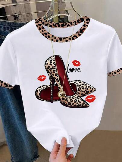 Resyla T-shirt da donna a maniche corte con scollo rotondo, stampa grafica a cuore, tacco alto e design patchwork a stampa leopardata