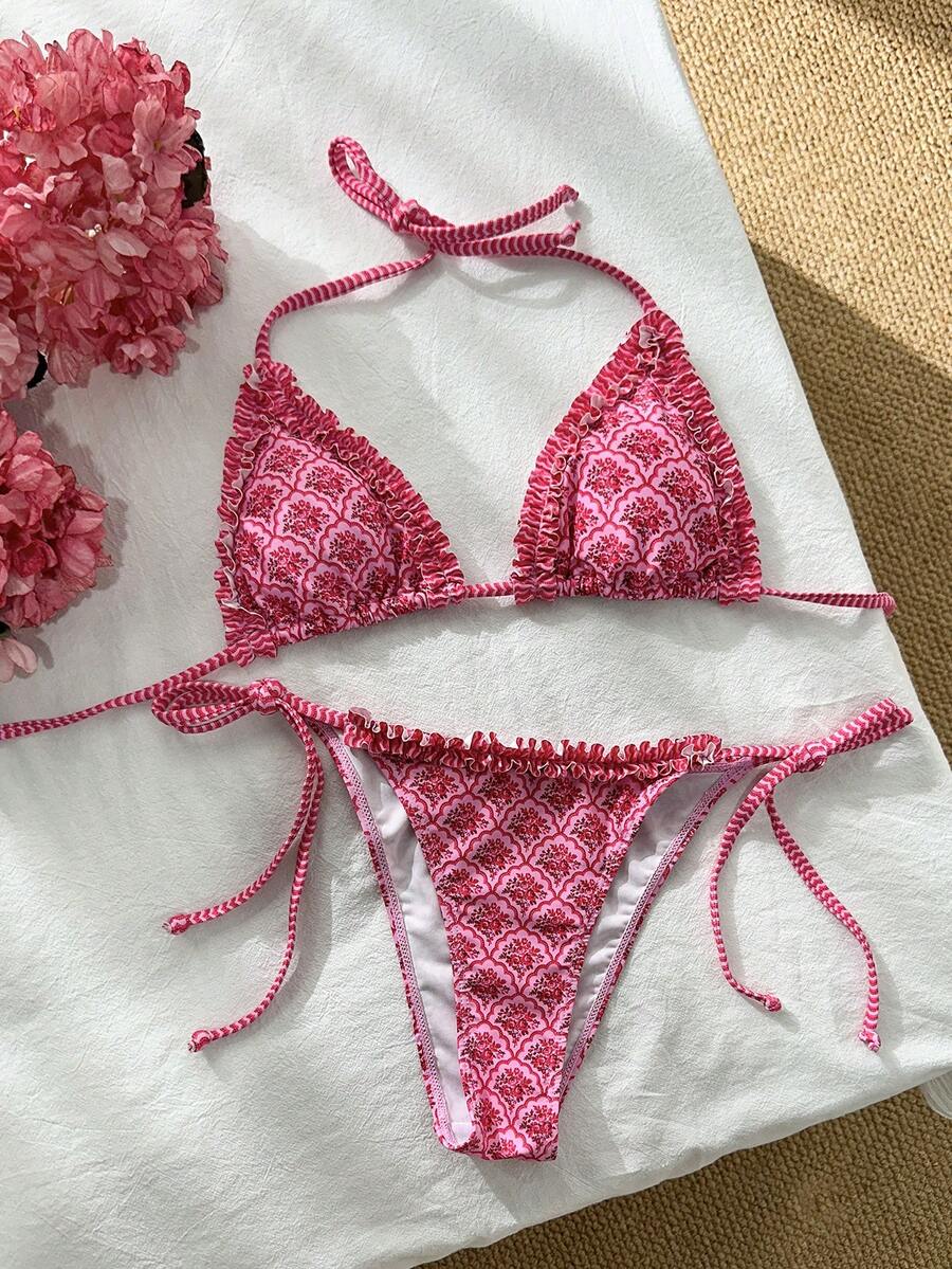 SHEIN Swim Mod Women's Random Print Halter Floral Trim Bikini Set, Spring/Summer - Multicolor - View 1