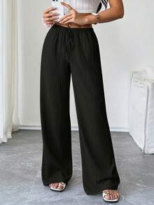 Flirla Petite Women's Solid Color Pocket Drawstring Waist Wide Leg Pants Fall Cloth For Women - Black - View 6