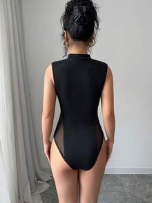 SHEIN Raffinéa 女款黑色網格拼接無袖連身衣，圓領修身夏季連身衣，性感時尚派對夜生活，Y2K休閒海灘百搭 - 黑色 - 查看 2