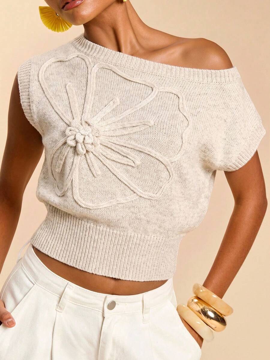 Travachic Women's Solid Color Applique Asymmetric Collar Casual Knit Top - Camel - View 1