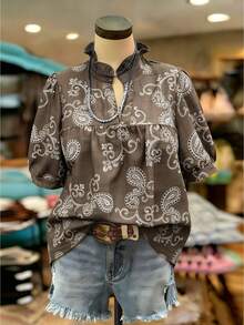 Linhara Plus Size Linen-Feel Embroidered Casual Short Sleeve Blouse For Women, Spring/Summer - Coffee Brown - View 1