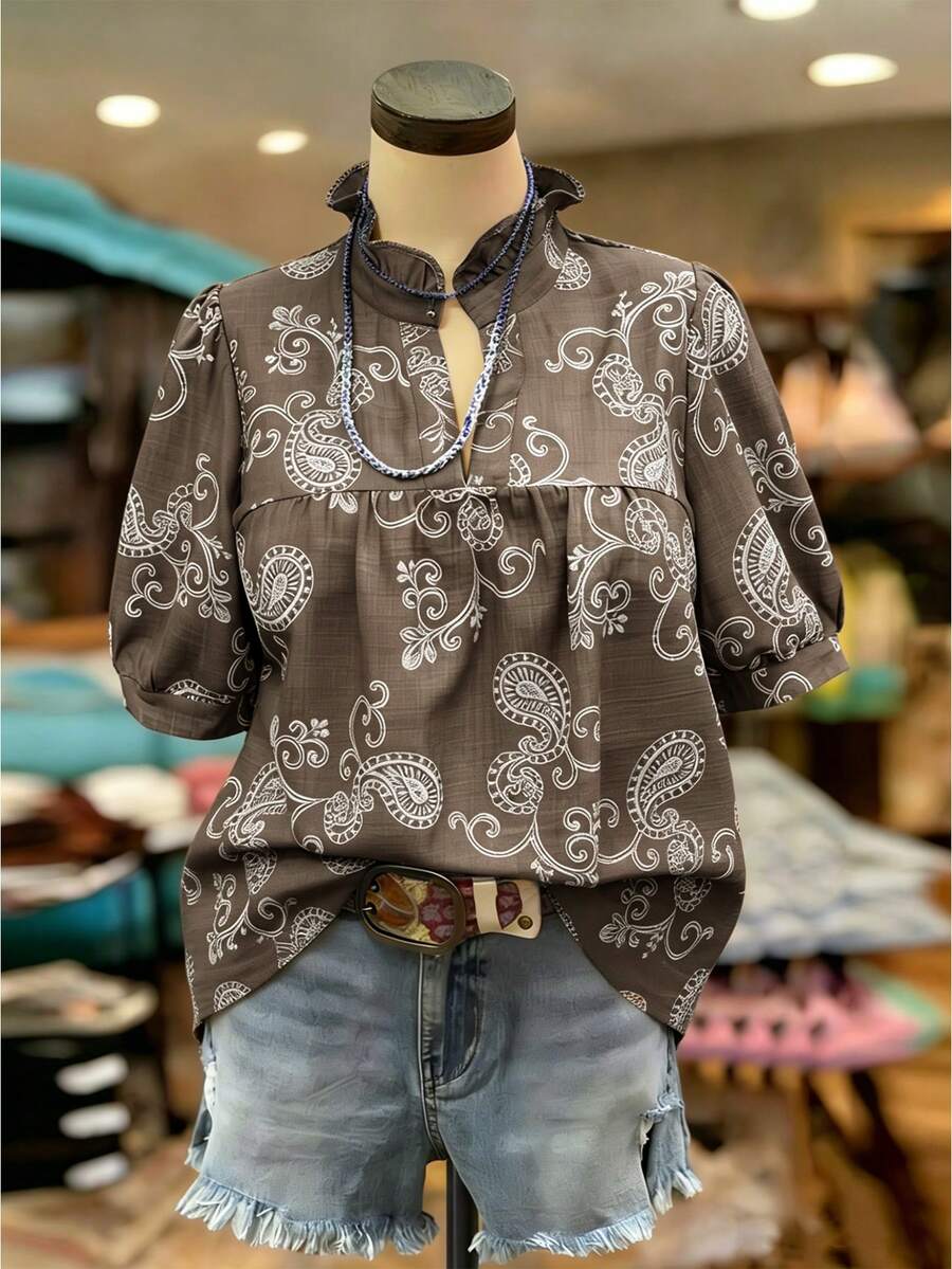 Linhara Plus Size Linen-Feel Embroidered Casual Short Sleeve Blouse For Women, Spring/Summer - Coffee Brown - View 1