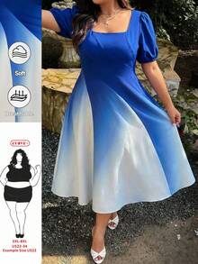 SHEIN CURVE+ 大码女式方领短泡泡袖深色优雅中腰连衣裙，2026流行渐变图案连衣裙 - 藍白色 - 查看 8