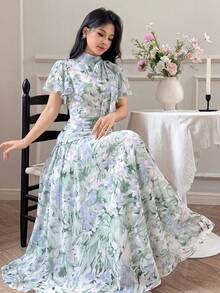 Modelyn 女士荷叶边领带腰部喇叭裙摆泡泡袖连衣裙 - 綠色 - 查看 4