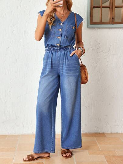 EMERY ROSE Women's Solid Color Sleeveless V-Neck Casual Denim Jumpsuit For Summer