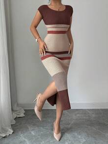 Elenzga Women's Spring/Summer New U-Neck Fitted Mid-Length Hem Slit Half Sleeve Elegant High-End Knit Dress, Striped Design, Versatile Lady Style - Multicolor - View 3