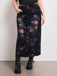 ROMWE Fairycore Chân váy denim cỡ lớn màu đen bạc họa tiết hoa hồng cổ điển, đa năng. - màu đen - Xem 4