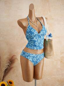 SHEIN Swim Vcay Bộ đồ hai mảnh gồm áo ba lỗ và bikini màu xanh bạc hà in hoa dành cho nữ, mã 26SS, thích hợp cho kỳ nghỉ hè. - Nhiều màu - Xem 3