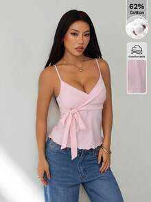 SHEIN PETITE 女士秋冬新品 - 甜美休闲粉色清新少女风侧系带荷叶边吊带背心 - 粉色 - 查看 5