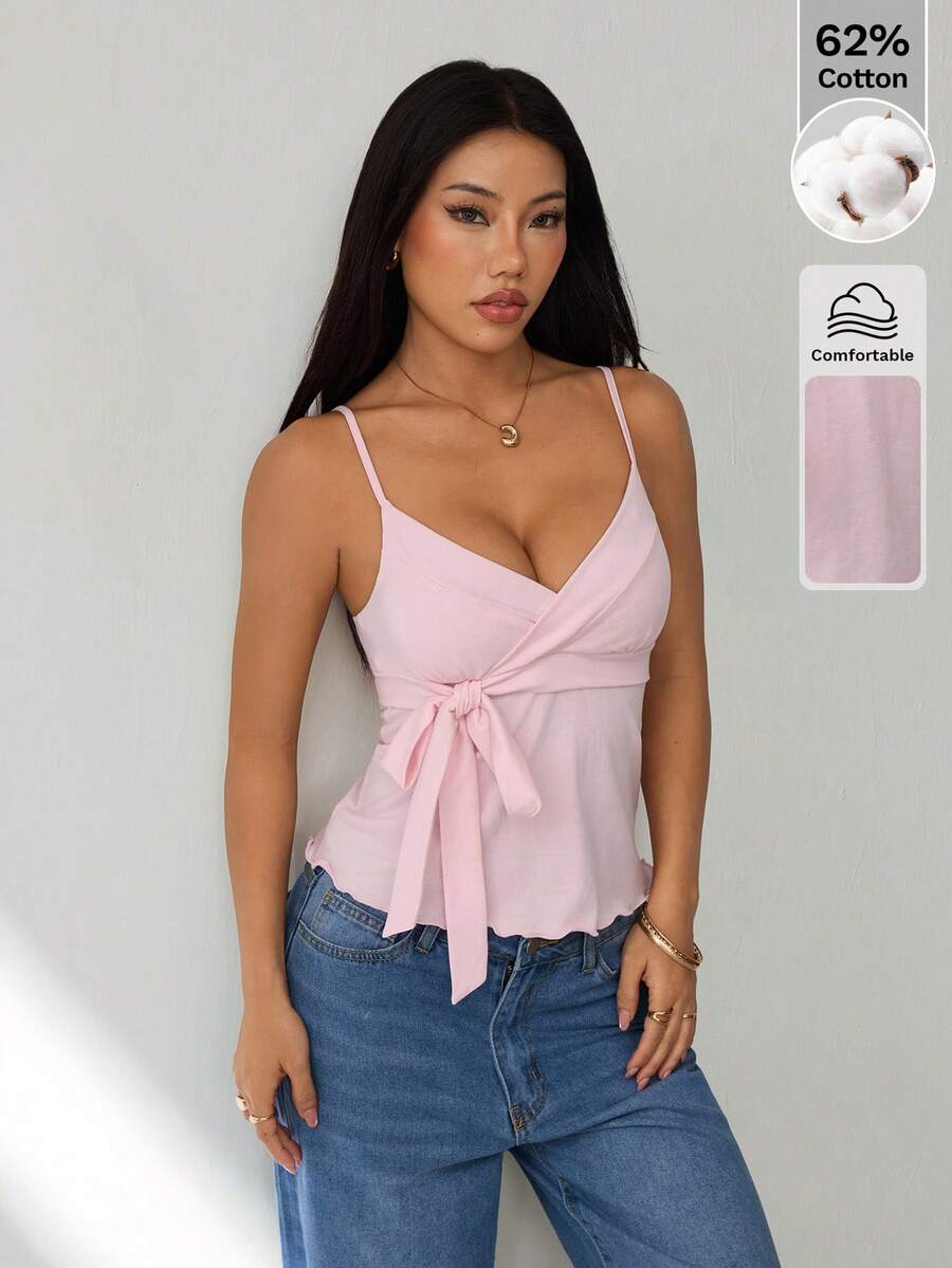 SHEIN PETITE Bộ sưu tập Thu/Đông mới về dành cho nữ - Màu hồng ngọt ngào và giản dị, phong cách cô gái thanh lịch, áo hai dây buộc thắt nút bên hông, bèo nhún. - Hồng - Xem 1