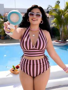 Swim Mod 2026 New Colorful Striped Print Deep V-Neck Side Drawstring High Waist Bikini Bottom, Sexy Vacation Beach Outfit - Multicolor - View 5