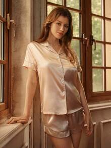 Contrast Piping Button Front Satin PJ Set / Pajama Set - Baby Pink - View 3