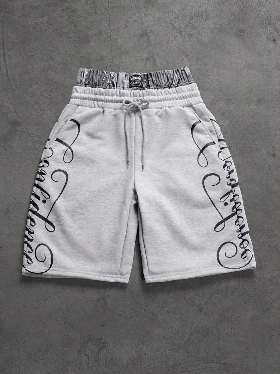 SLATEMANN Quần short nam dáng rộng hai lớp, in chữ, cạp chun, kiểu dáng thường ngày, thích hợp mặc mùa hè. - Màu Xám nhạt - Xem 1