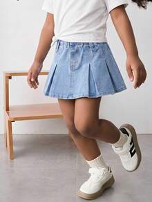 SHEIN Váy denim xếp li thường ngày của cô gái trẻ, mùa hè - Rửa nhẹ - Xem 1