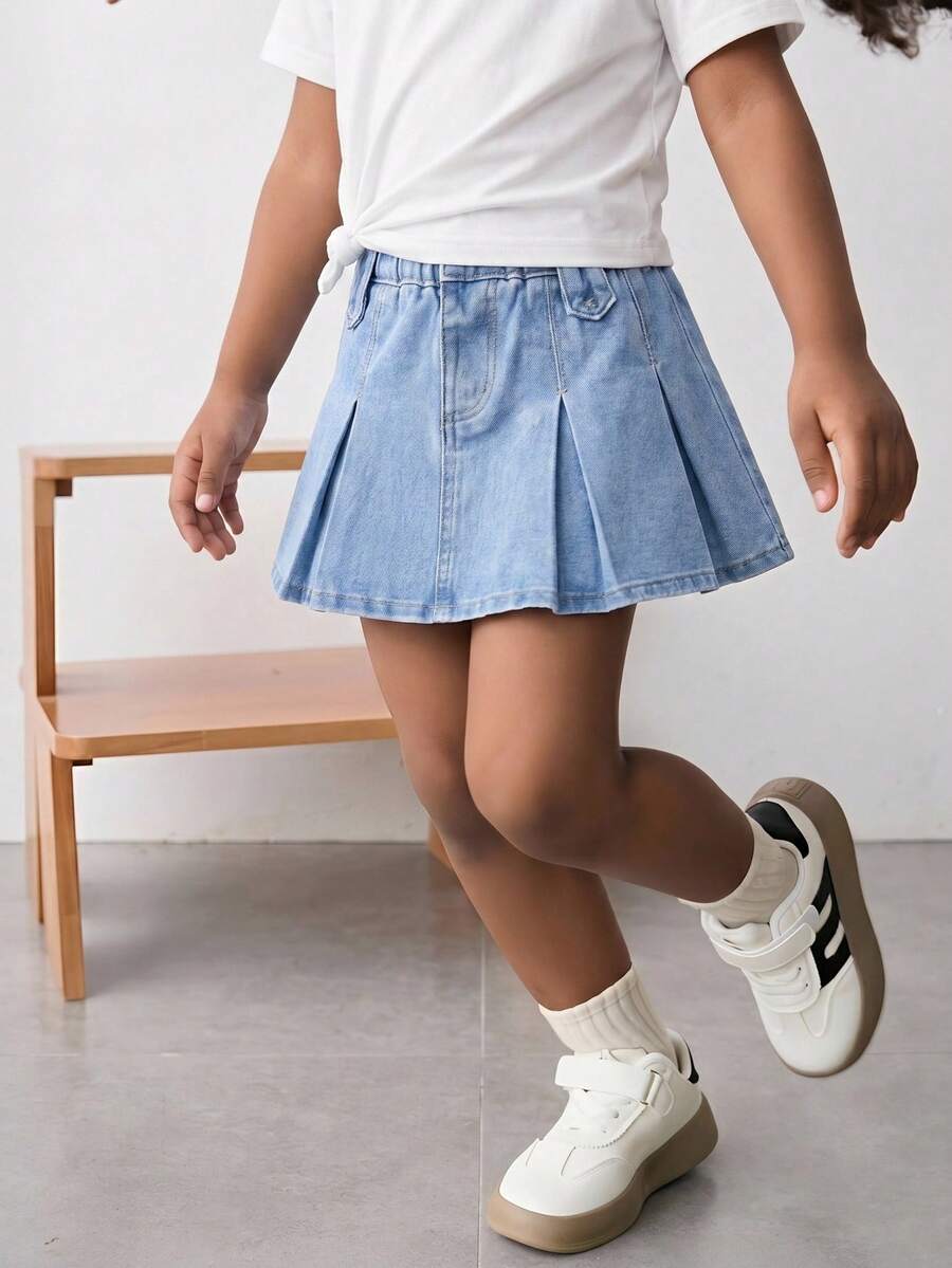 SHEIN Váy denim xếp li thường ngày của cô gái trẻ, mùa hè - Rửa nhẹ - Xem 1