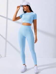 Sweetra Bộ đồ tập luyện áo thun crop top co giãn cao liền mạch và quần legging cho nữ Bộ đồ tập gym cho nữ - Màu xanh nhạt - Xem 3