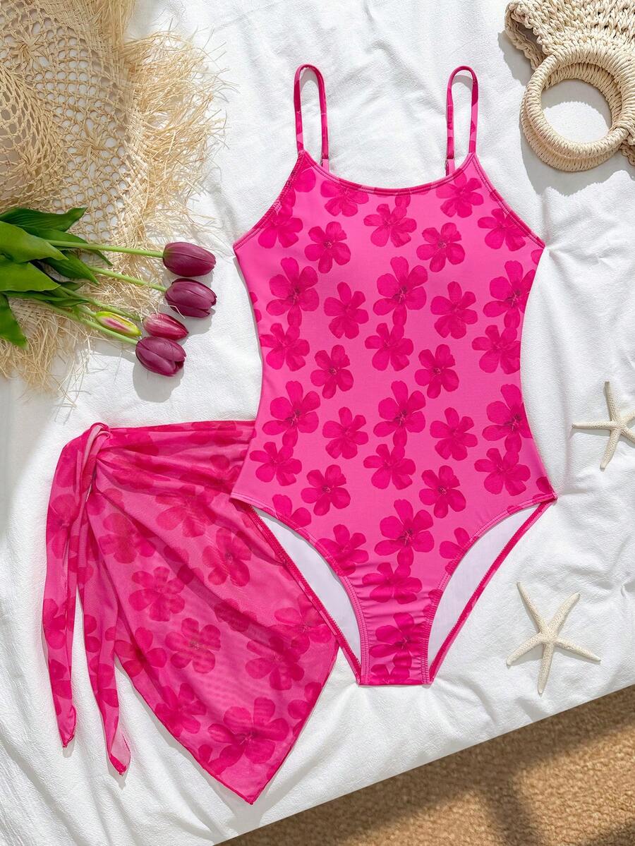 SHEIN Teen Girls' 1-Piece Leopard Floral Print Adjustable Strap Swimsuit With Leopard Floral Mesh Skirt 2-Piece Set - Multicolor - View 1