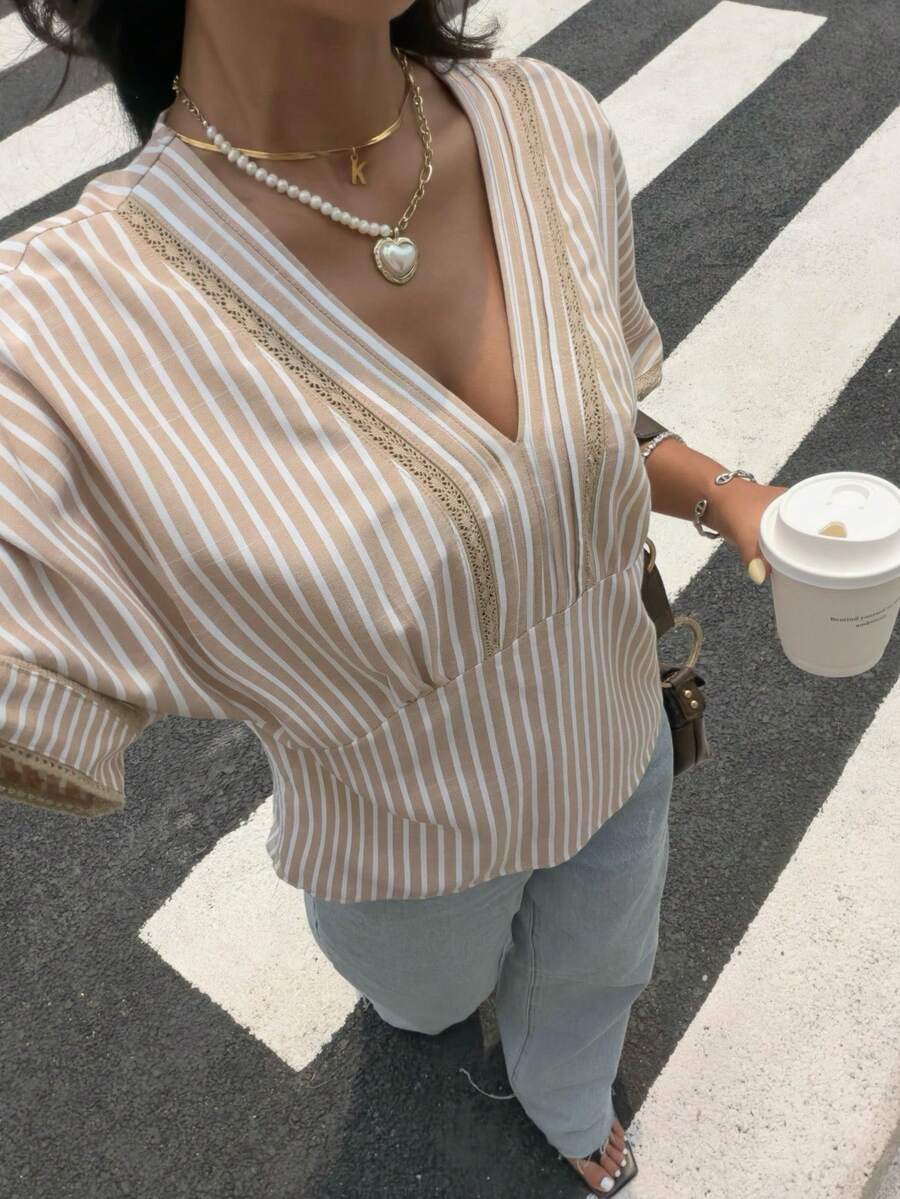 Siren Gaze Women's V-Neck Short Sleeve Linen Blended Shirt With Striped Ruffle Trim - Apricot - View 1