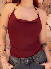 FER DURAN FER DURAN New Y2K Metal Ring Decor Commuter Versatile Draped Neck Tie Strap Women Tank Top - Burgundy - View 3