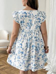 SHEIN LUNE Plus Size Summer Women's Blue Floral Print Ruffle Hem Mini Dress,Boho White Sundress For Beach,Holiday,Bachelorette Party,Tea Party, Easter Dress - Blue and White - View 2