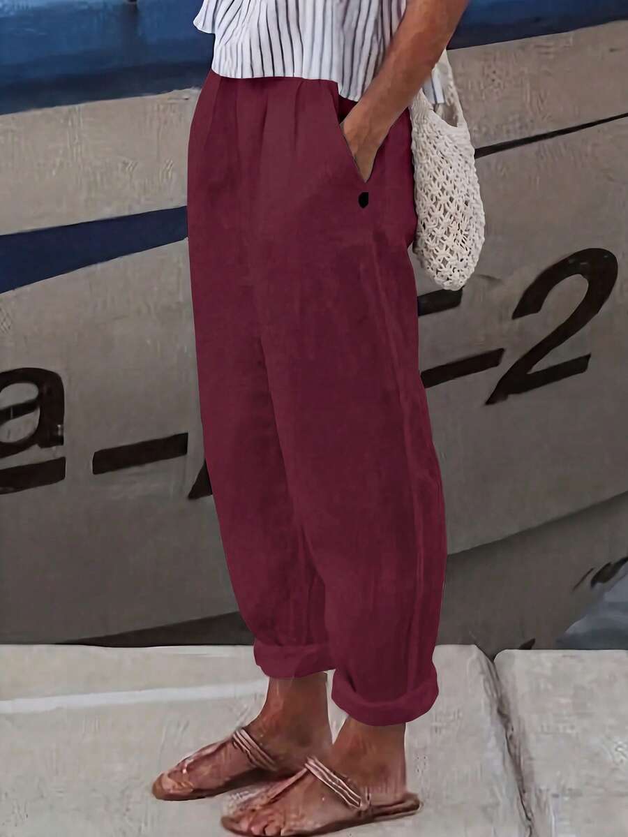 Linhara CURVE Plus Size Women Solid Color Pocket Casual Straight Leg Pants Fall - Burgundy - View 1
