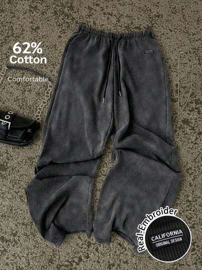 Attitoon Calça de Moletom Reta de Cintura Baixa Casual Retrô Chique com Bordado de Letras em Inglês, Adequada para o Verão, Efeito Lavado, Adequada para Passeios, Estilo de Rua, Traje de Aeroporto, Fitness e Yoga