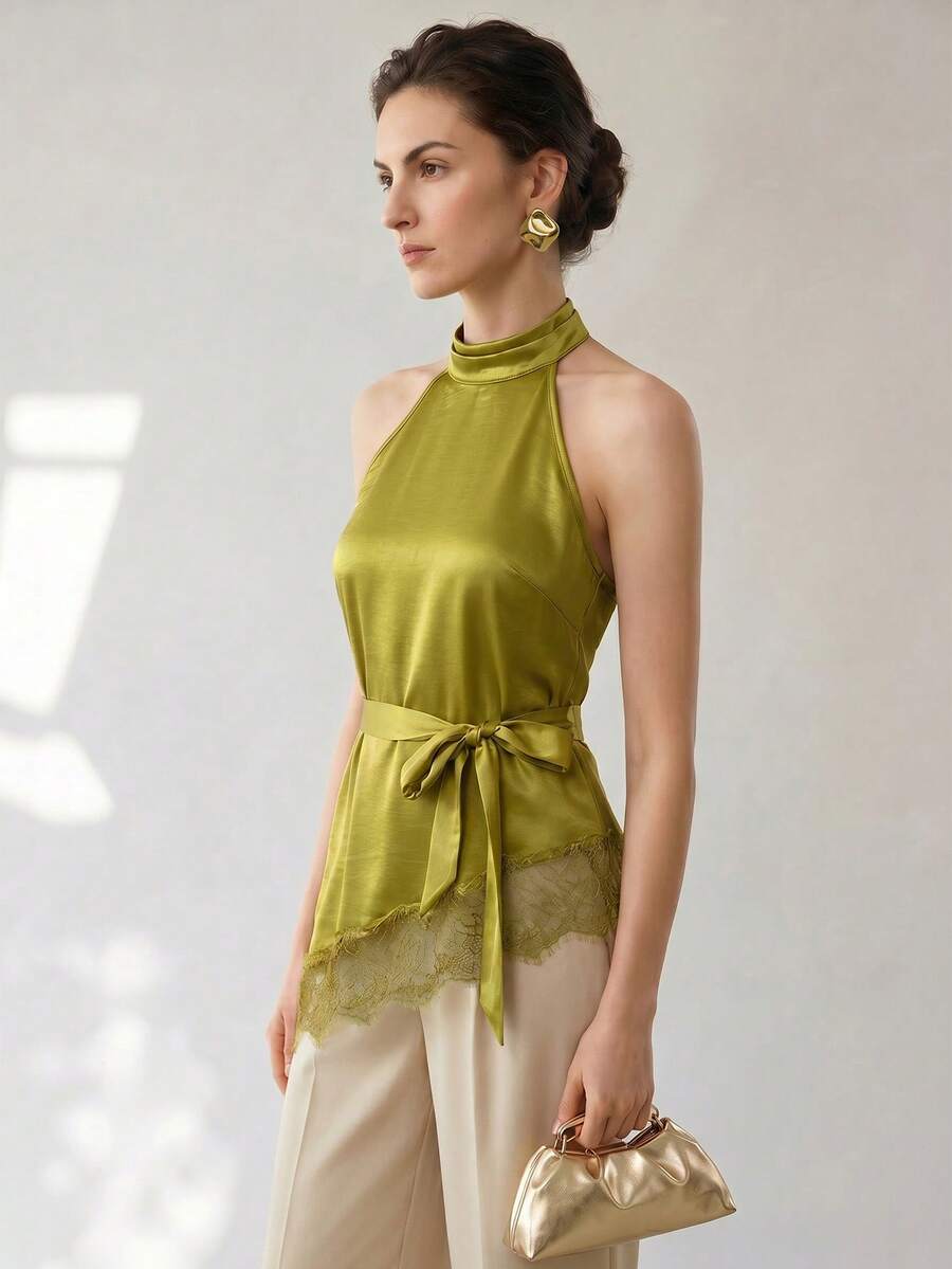 Uhlyne Uhlyne Áo camisole nữ kiểu dáng mới, thanh lịch, gợi cảm, thích hợp cho công sở, đi biển, đi làm, dự tiệc lãng mạn, sinh nhật, hòa nhạc, ngày Valentine, lễ hội, phối ren tương phản, vạt áo bất đối xứng. - màu xanh lá - Xem 1