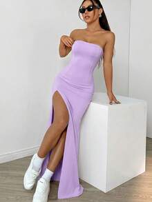 SHEIN EZwear 女款薰衣草色前開衩夏季洋裝 春季服飾 約會之夜 外出穿著 性感優雅 - 紫色 - 查看 4